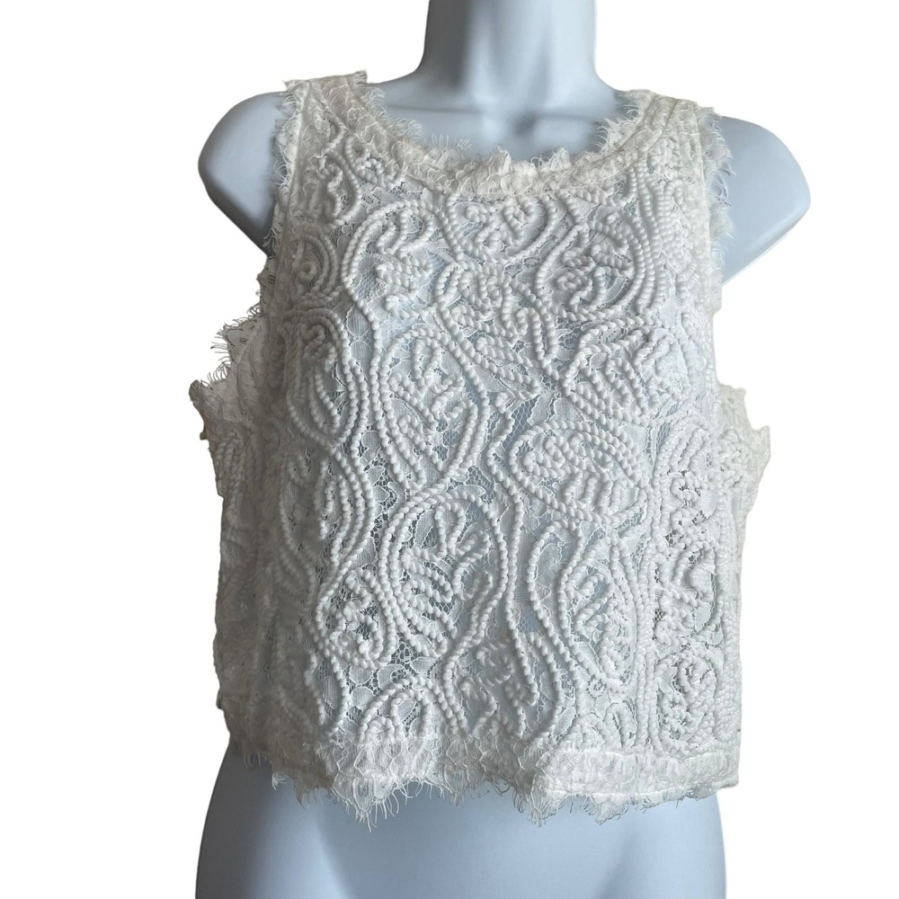 Sans Souci Women Cottagecore‎ Coquette Crop Top L White Lace Embroidered Boho